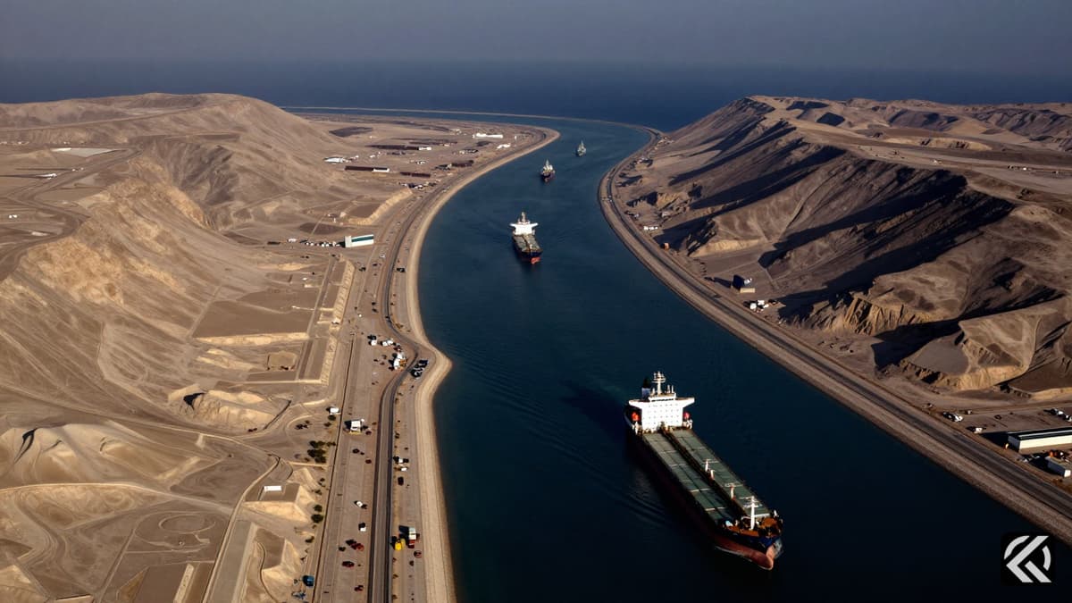 Satellite view of strategic waterway with commercial tankers and distant naval presence.