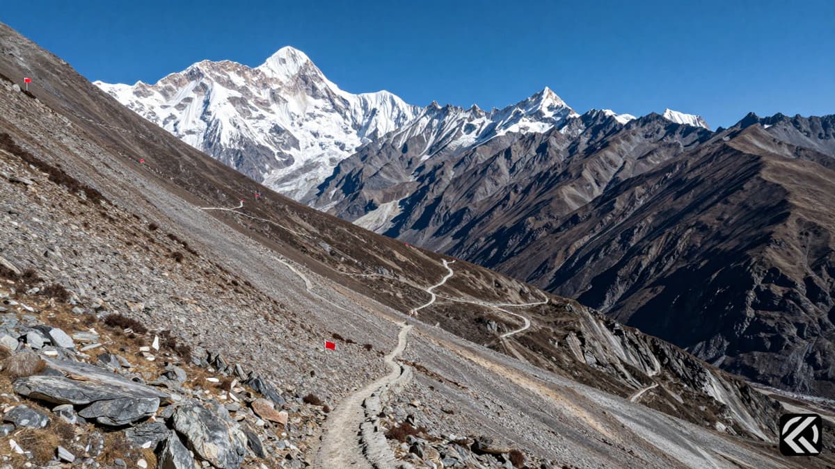 Snowy Himalayan peak with a trekking path and subtle border markers symbolizing the disputed territory.