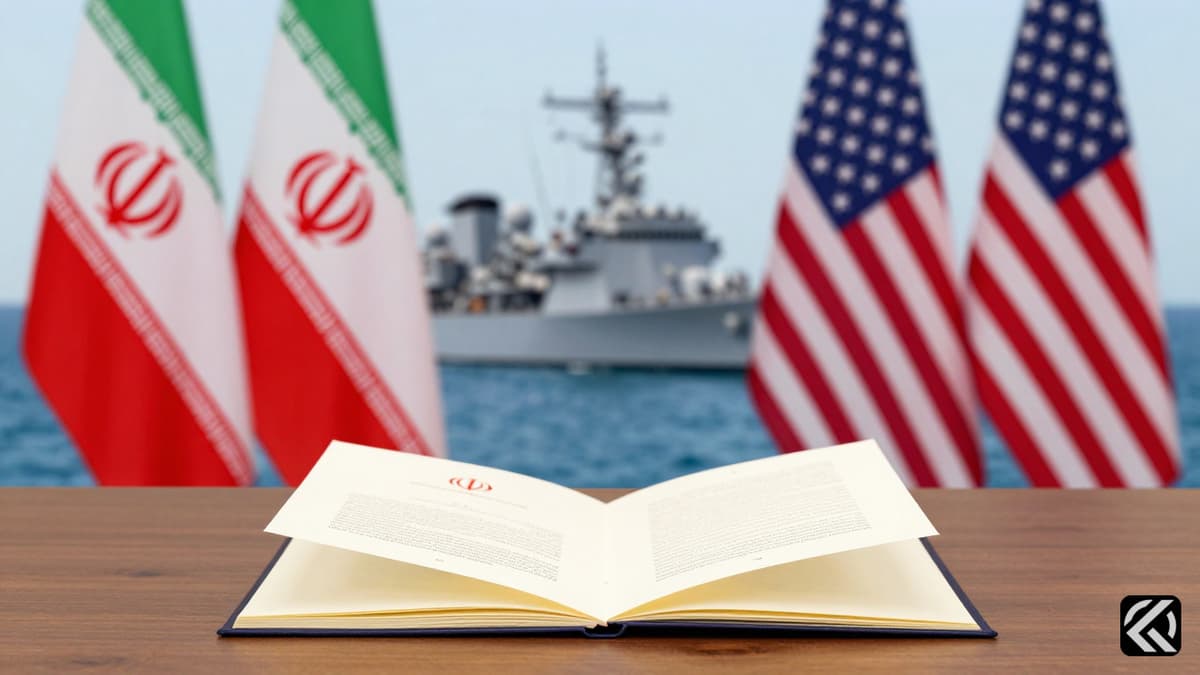 Peace treaty document between Iran and US flags near naval warship shadow