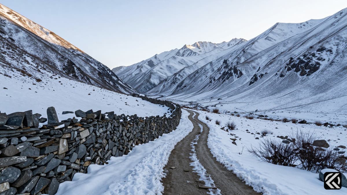 Snow-covered mountain pass with a stone wall, symbolizing the disputed Himalayan border region.