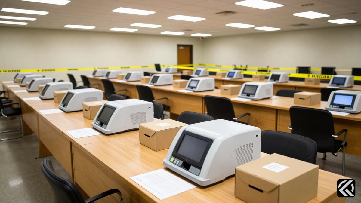 Rows of voting machines and secure tables inside a counting center for the Tamil Nadu Assembly Elections 2026.