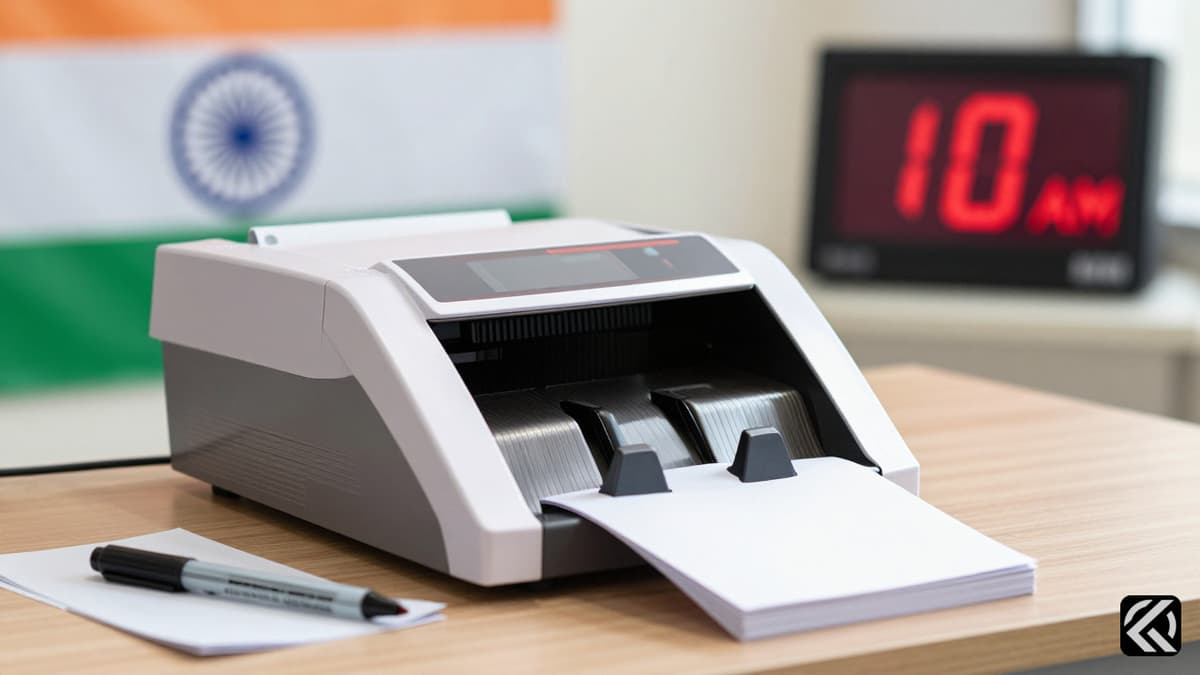Electronic voting machine and ballot papers on a table at a counting center