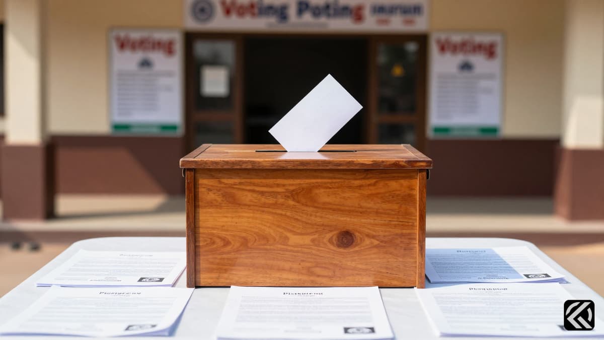 Wooden ballot box on a table with election documents in a polling station