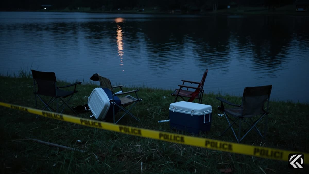 Abandoned picnic items and yellow police tape along the edge of a dark lake at night.