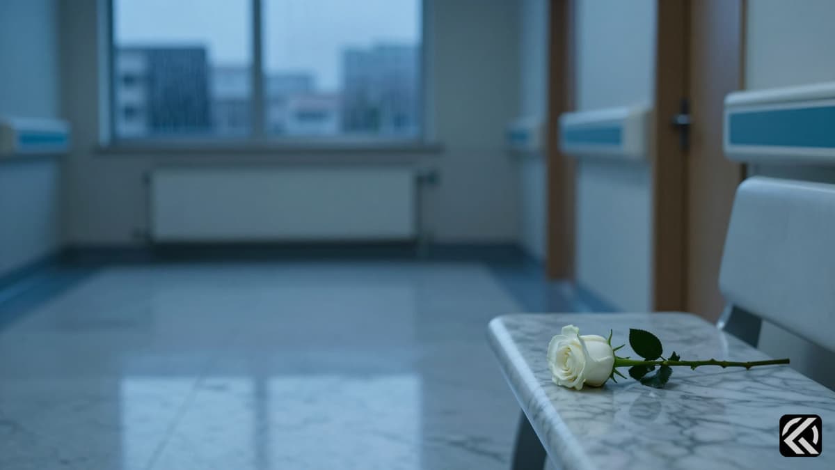 Somber hospital corridor with blue light and a white rose symbolizing critical care.