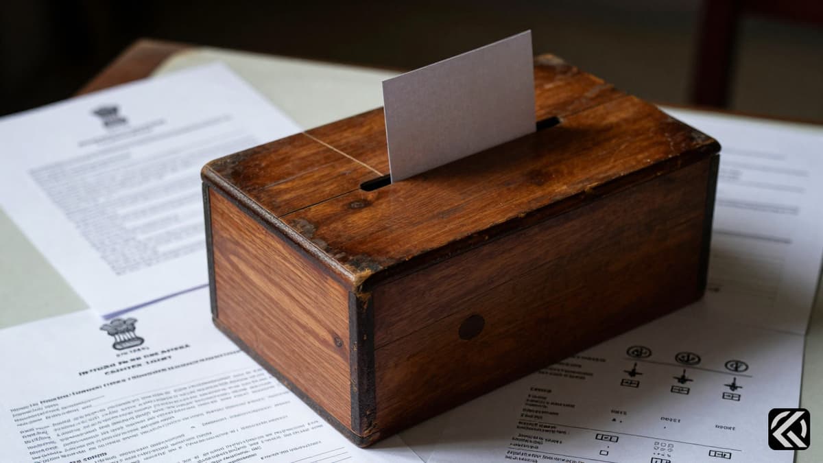 Wooden ballot box with election documents on table symbolizing West Bengal polls.
