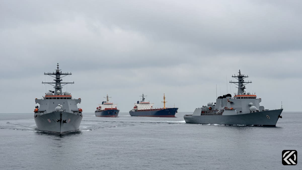 US and Iranian warships facing each other in the Strait of Hormuz.
