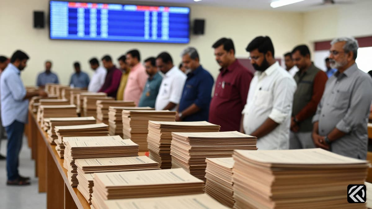 Ballot bundles stacked on tables in an Indian election counting centre with a digital display in the background.