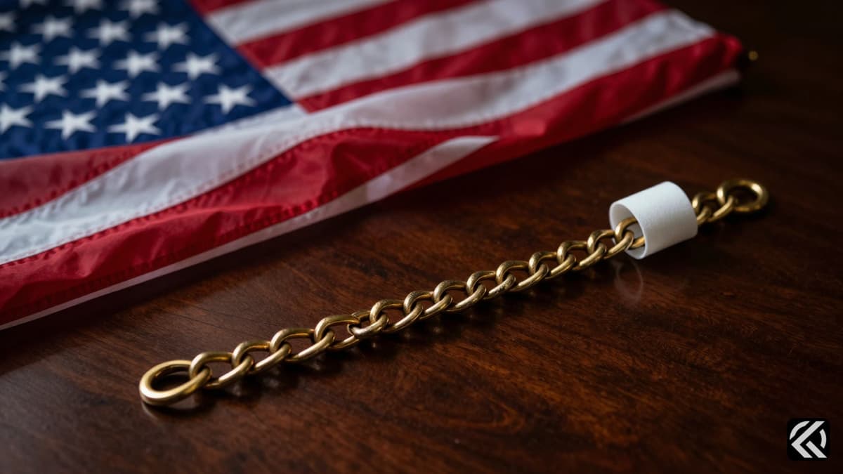 Golden mayor chain and flag on desk with hospital band symbolizing political and health crisis