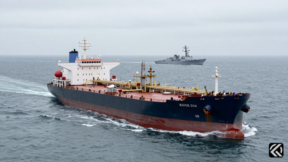 Commercial tanker and US warship in Strait of Hormuz waters.
