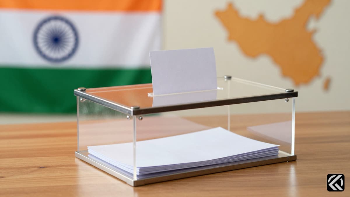 Clear ballot box with votes inside, West Bengal map and Indian flag in background