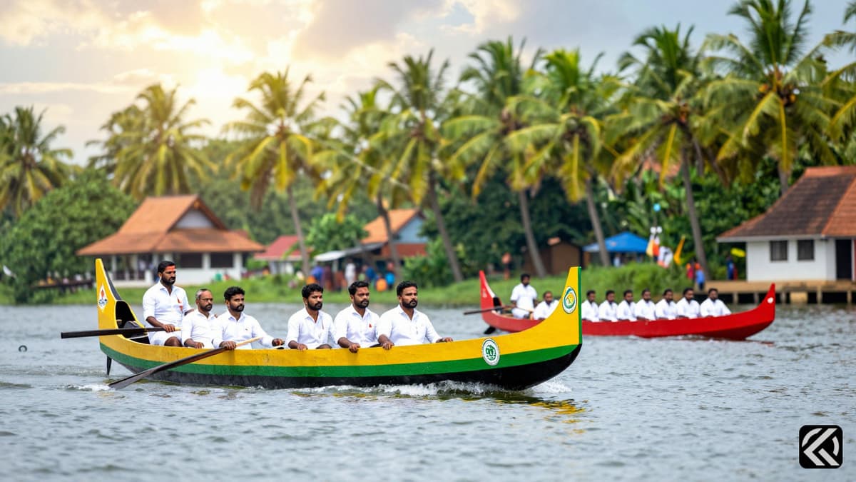 Symbolic boat race on Kerala backwaters showing political transition with distinct colored boats.