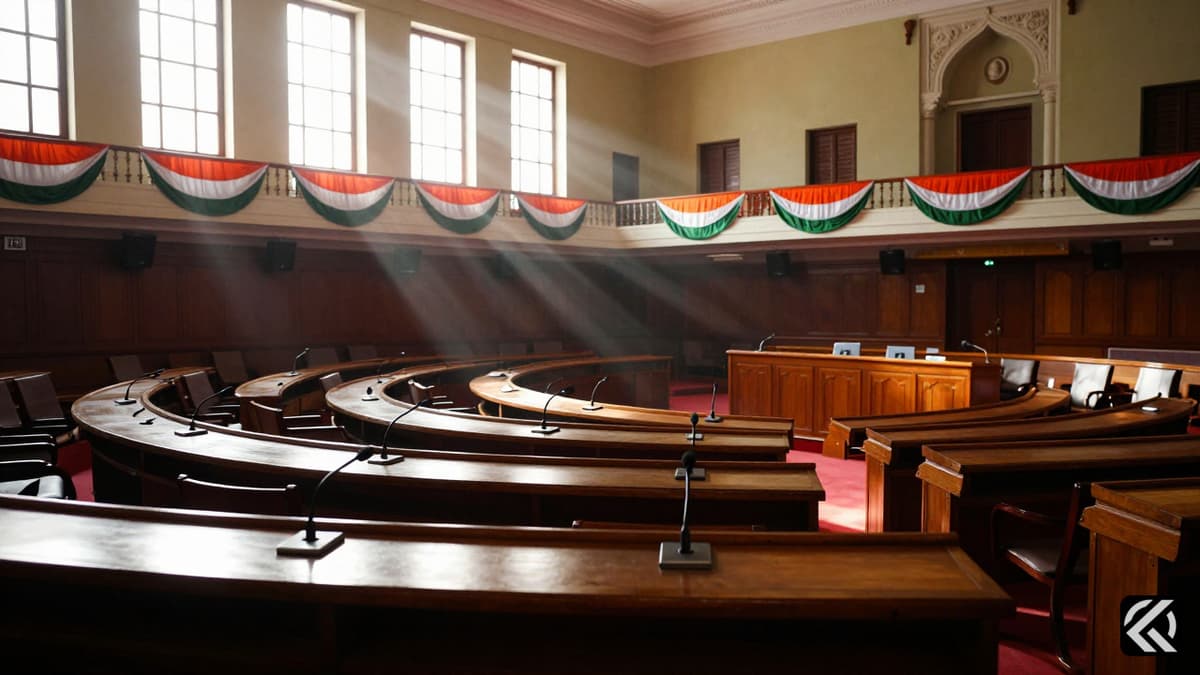 Empty assembly hall with political flags symbolizing new government formation