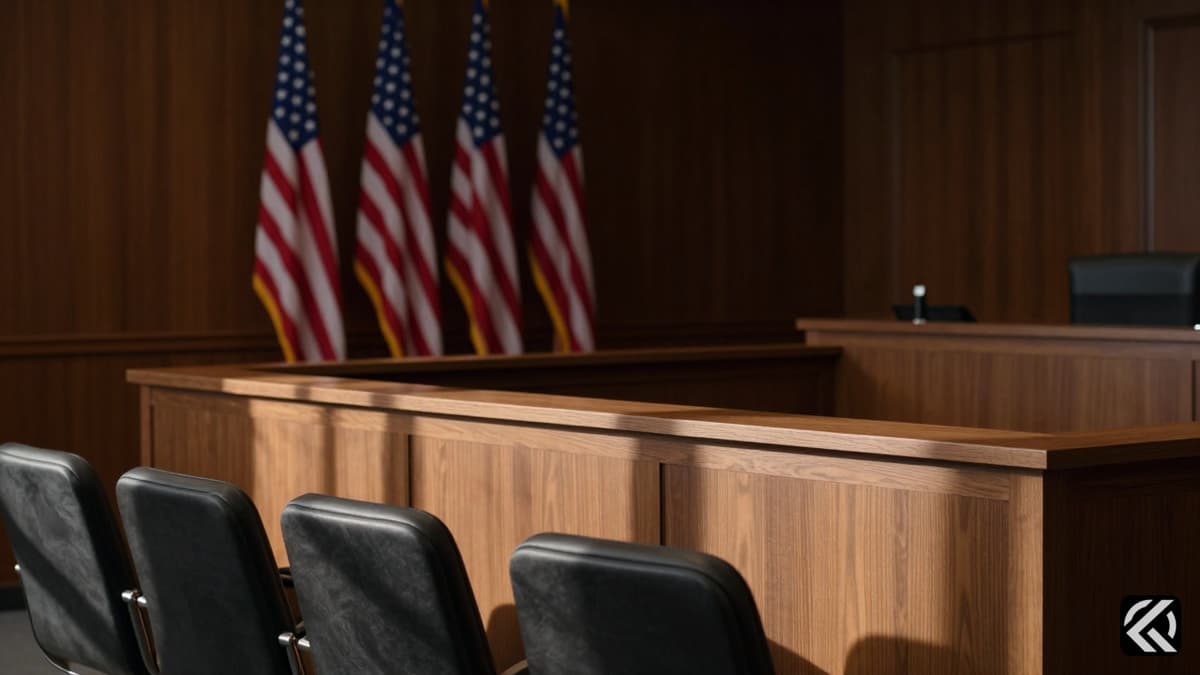 Solemn empty courtroom with wooden benches and American flags