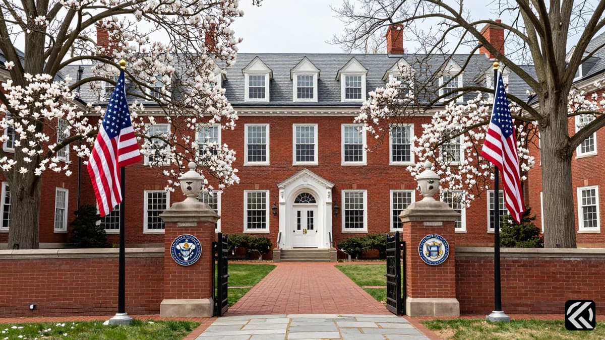 Red brick Smith College campus buildings with magnolia trees and American flags in the foreground.