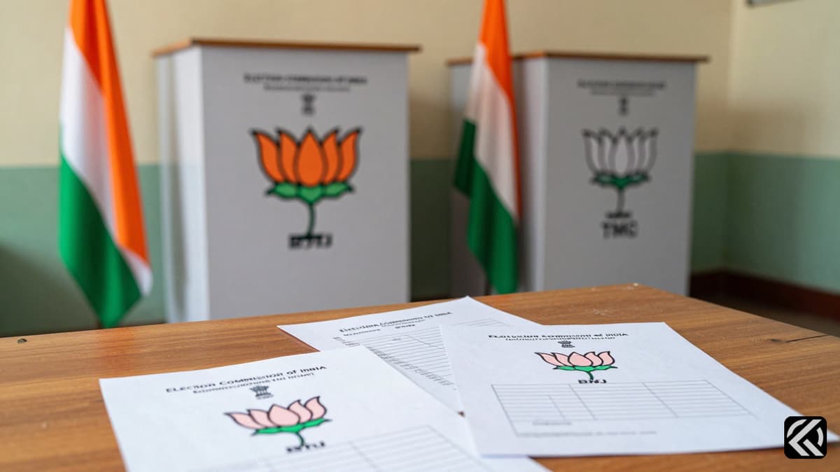 Political flags and ballot papers representing BJP and TMC on a table during West Bengal election