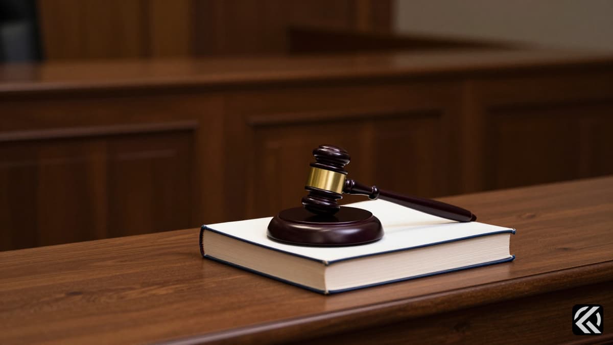 A gavel rests on a law book on a wooden judge's bench in a dimly lit courtroom.
