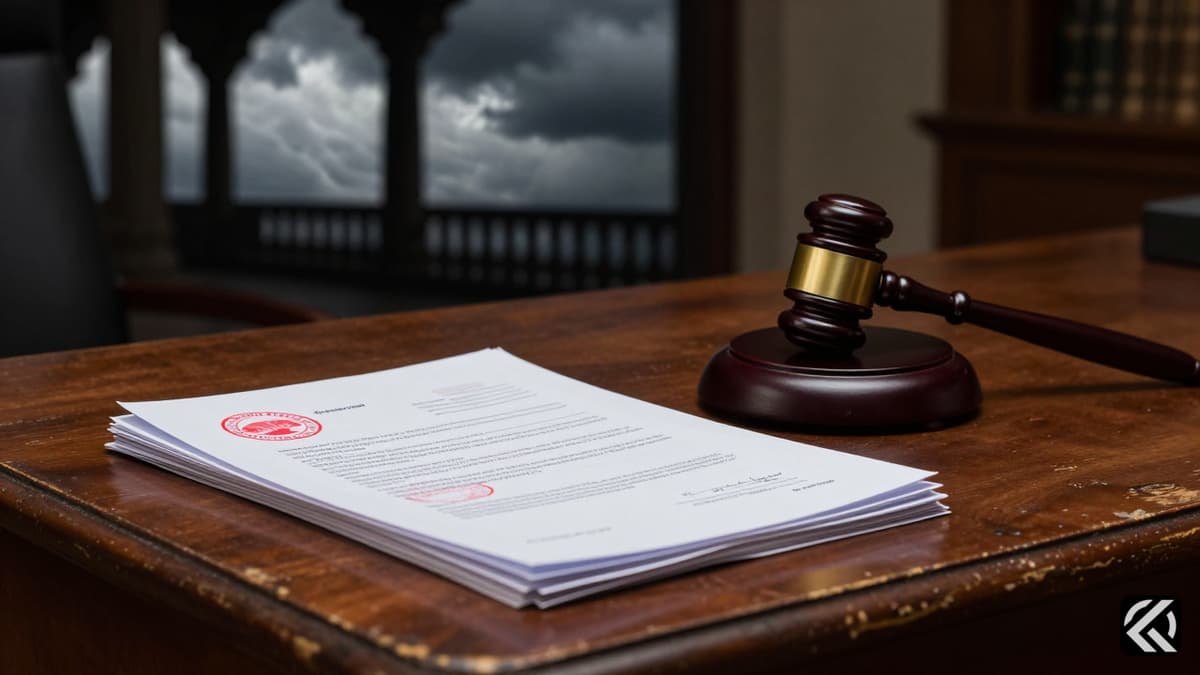 Stormy political atmosphere depicted by a gavel and election documents on a desk under grey skies.