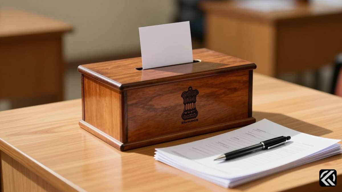 Ballot box and voting papers on a table after West Bengal Assembly elections.