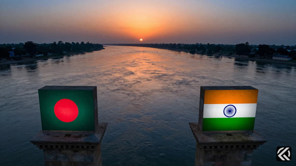 Symbolic river boundary with national flags on stone pillars