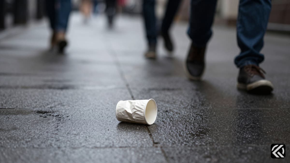 Blurred feet walking past a cup on wet Seattle pavement symbolizing bystander inaction.