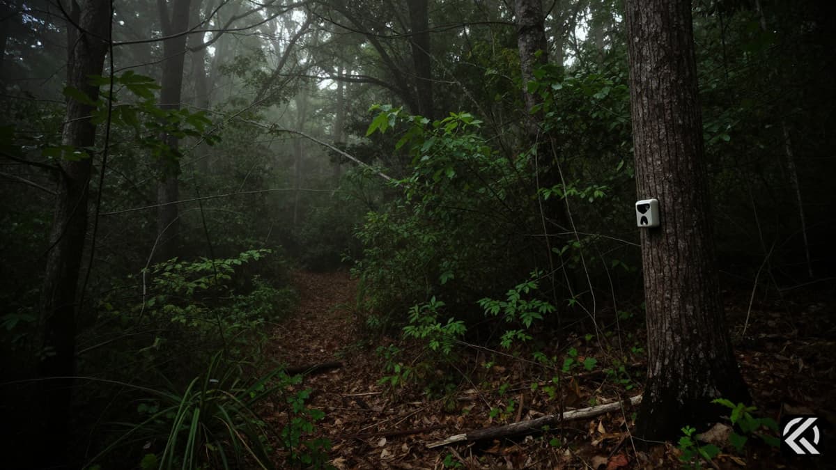 Misty Tennessee forest landscape with a trail camera representing the ongoing search operation.
