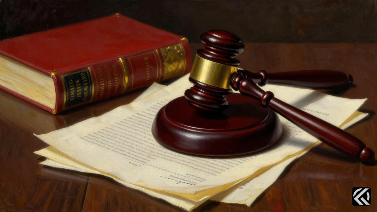 A heavy wooden gavel on legal documents symbolizing the weight of political authority and constitutional rules.
