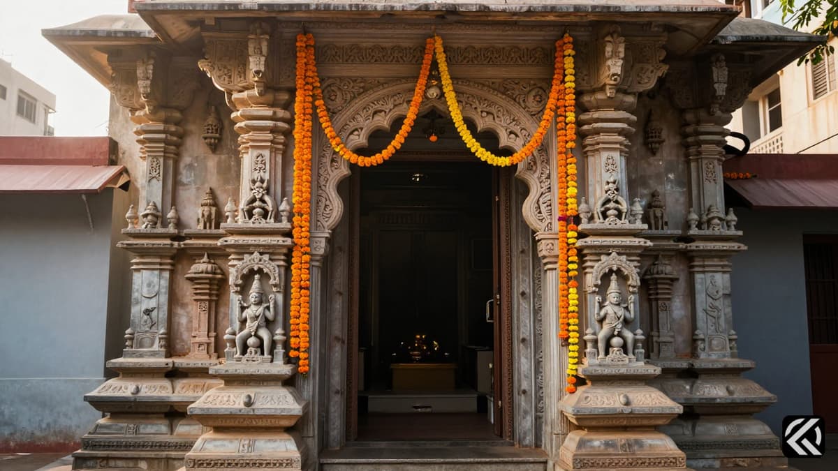 Ornate temple entrance with marigold garlands in morning light.