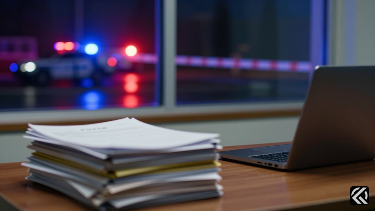 Nighttime police command center with evidence folders and emergency lights.