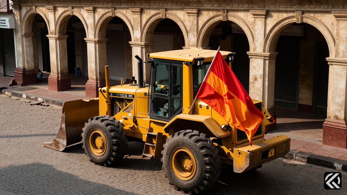 Yellow bulldozer with political flag in Kolkata's New Market street