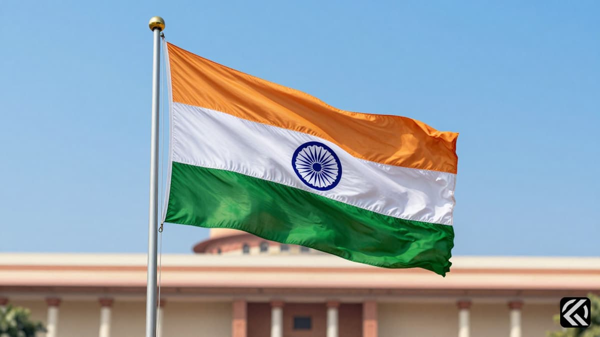 Indian flag waving before a government building symbolizing political authority