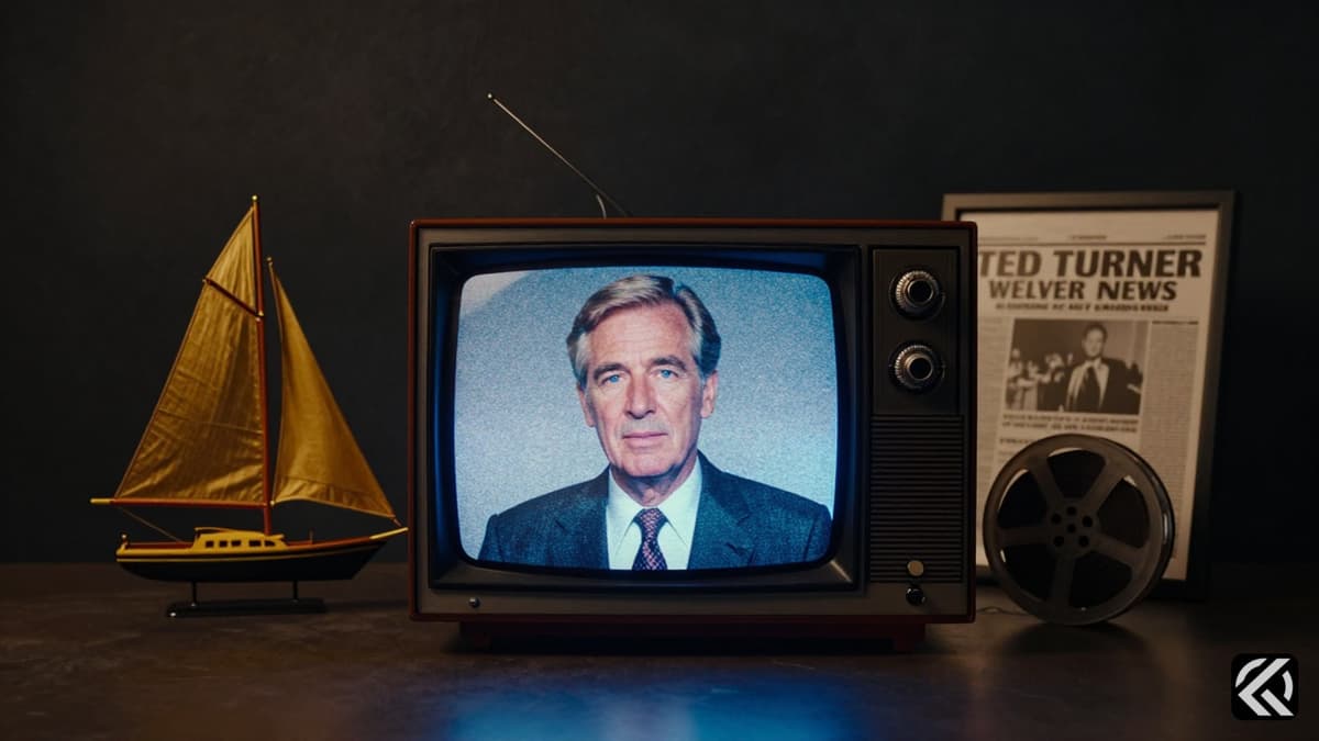 Vintage TV with news glow, yacht model, and film reel symbolizing Ted Turner's media legacy.