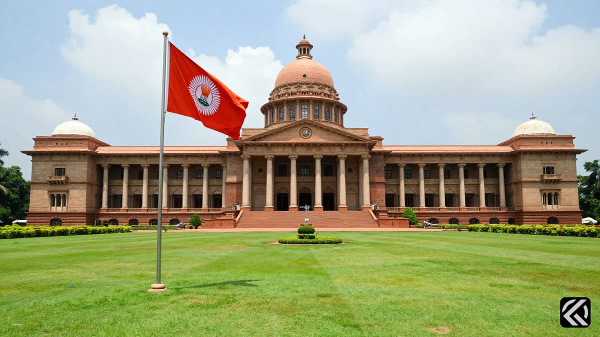 Tamil Nadu Governor's house with state flag waving in the wind.