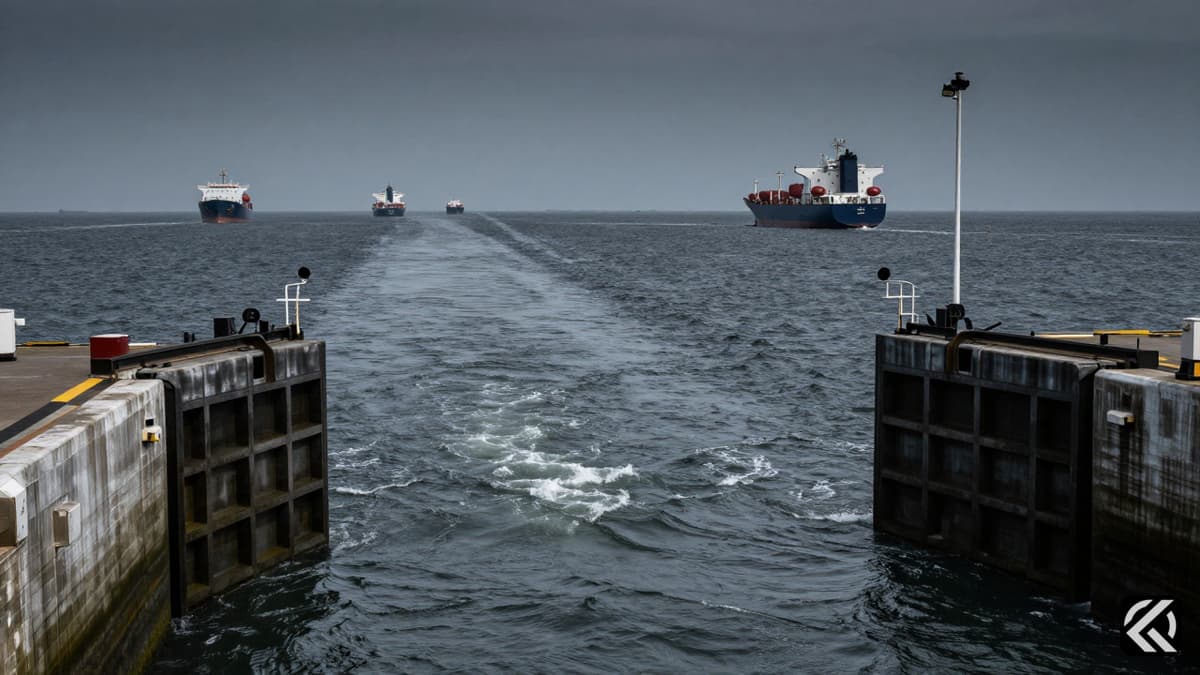 Narrow maritime strait with merchant ships and a closed gate symbolizing blocked access