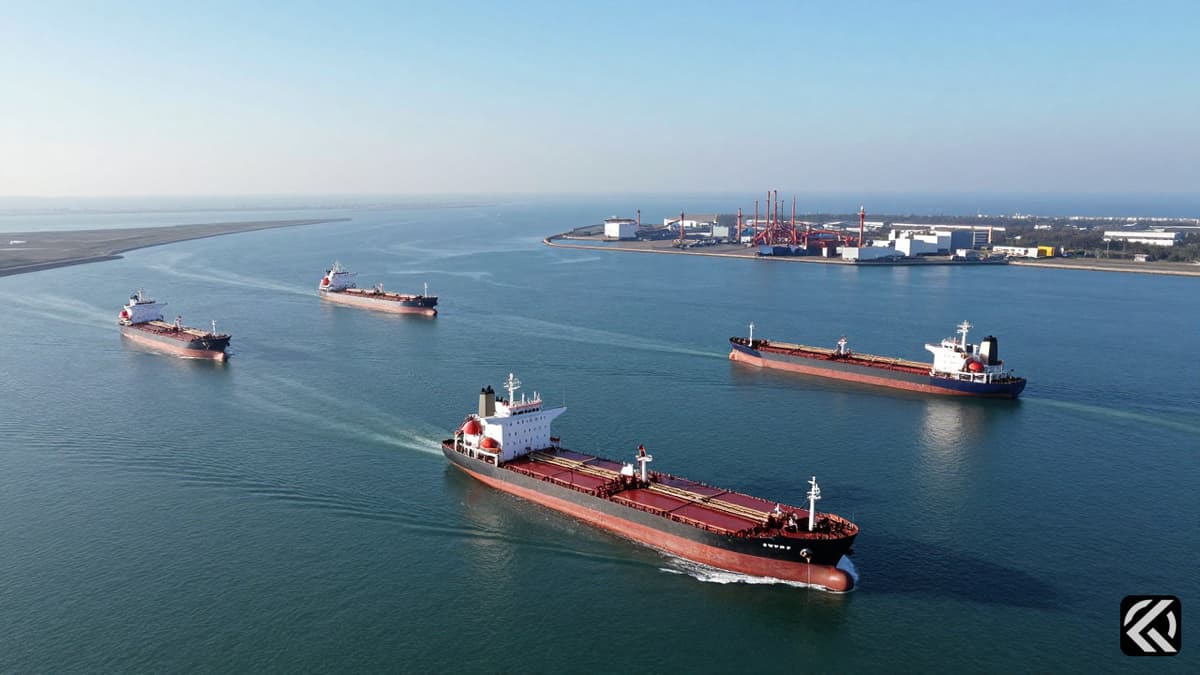 Aerial view of oil tankers navigating the strategic Strait of Hormuz waterway under clear skies.