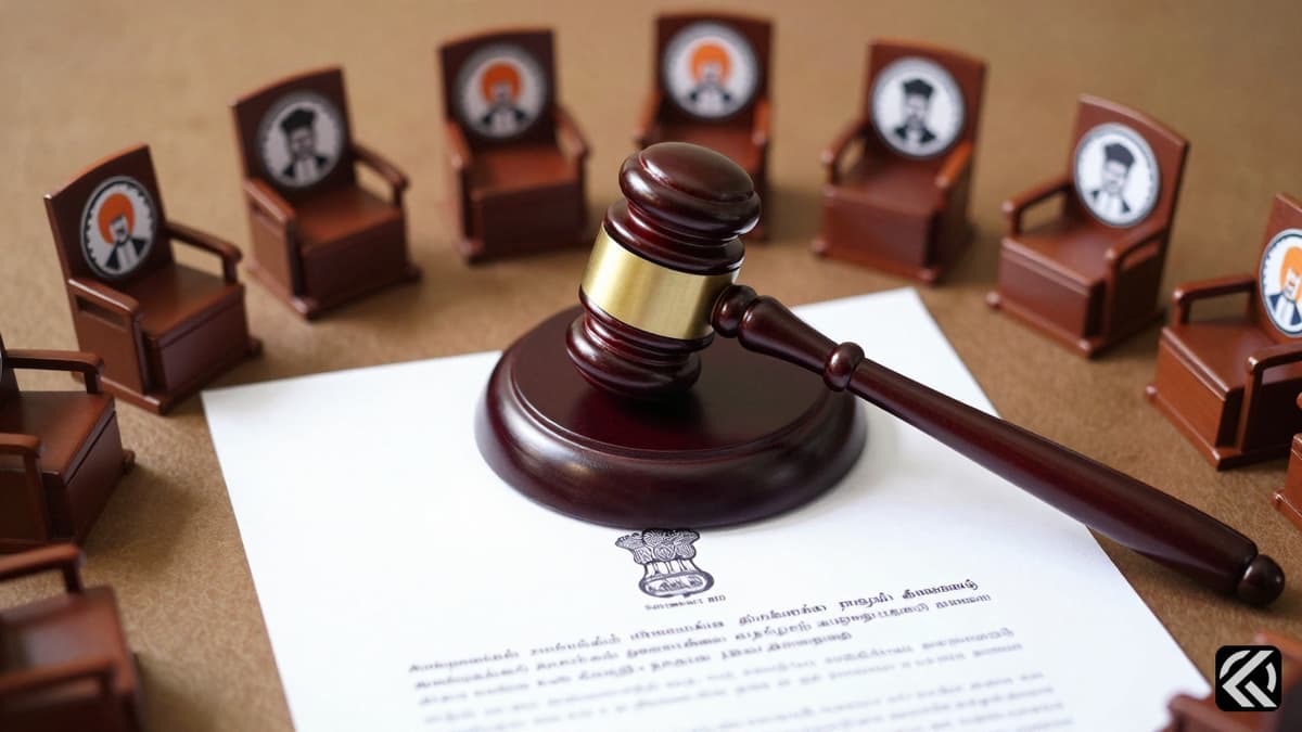 Gavel and legislative seats symbolizing political power shift in Tamil Nadu