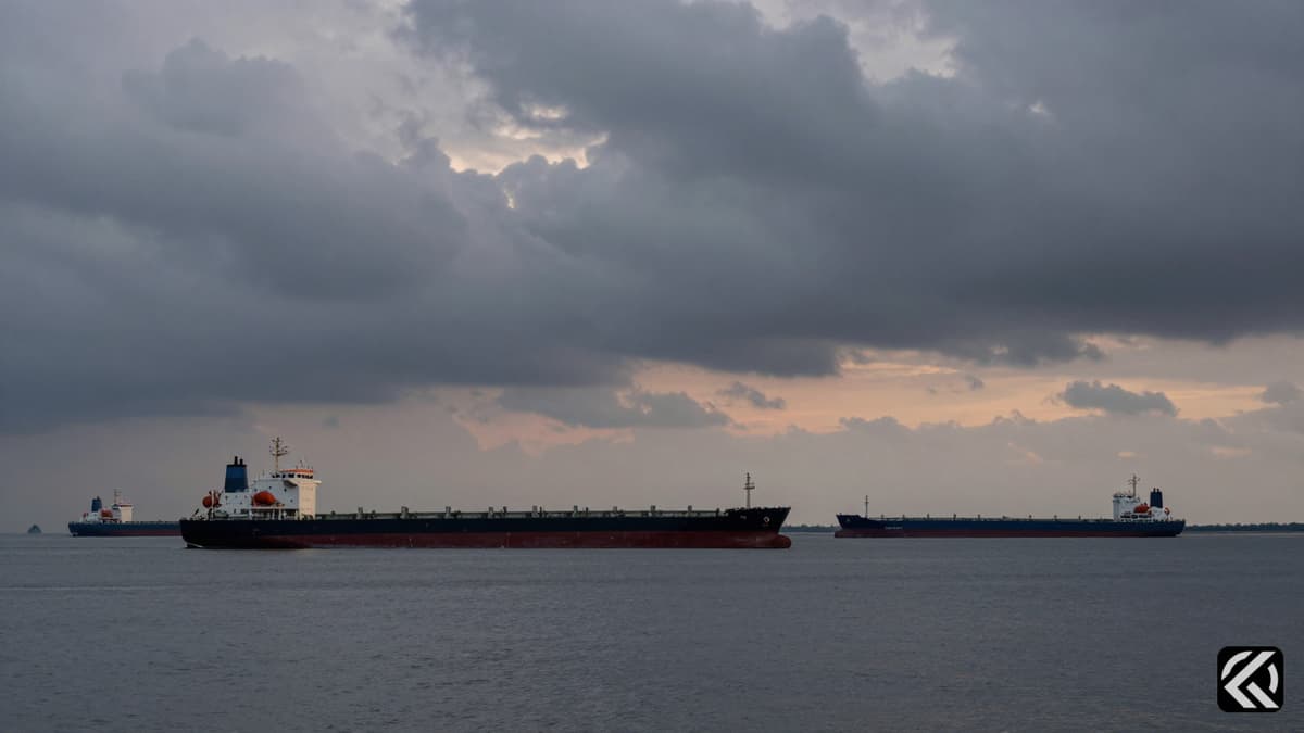Commercial ships anchored in the Strait of Hormuz under cloudy skies, symbolizing the maritime blockade.