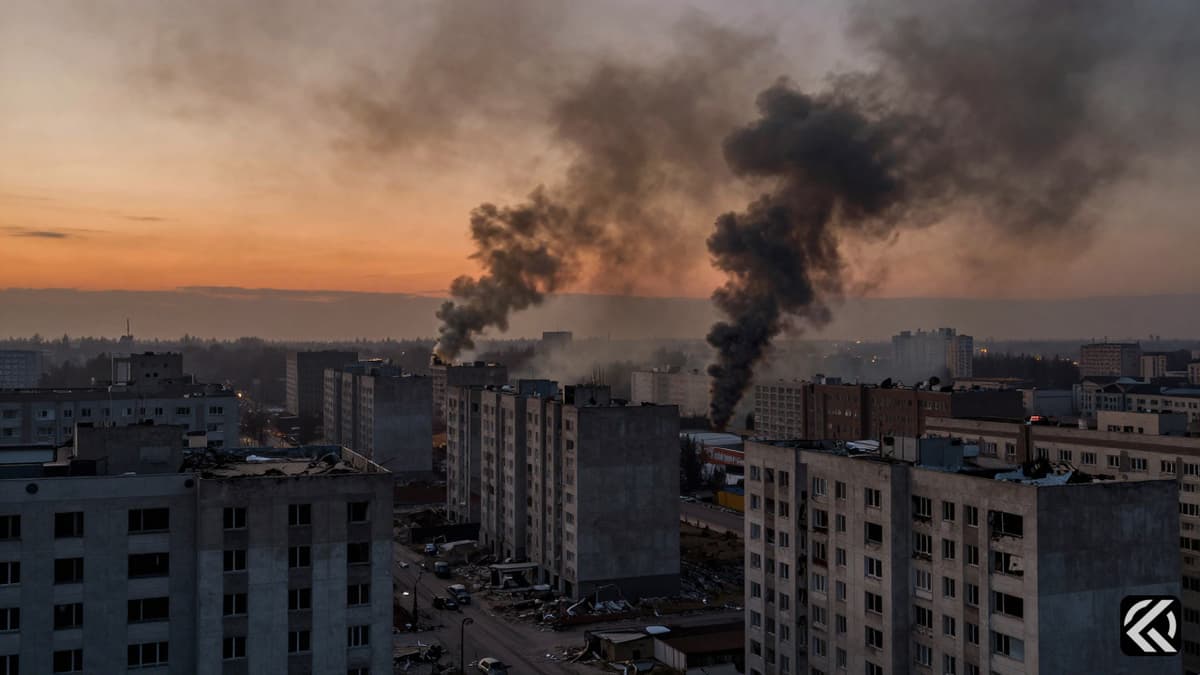 Smoke rising from damaged buildings in an urban district after an airstrike at twilight.