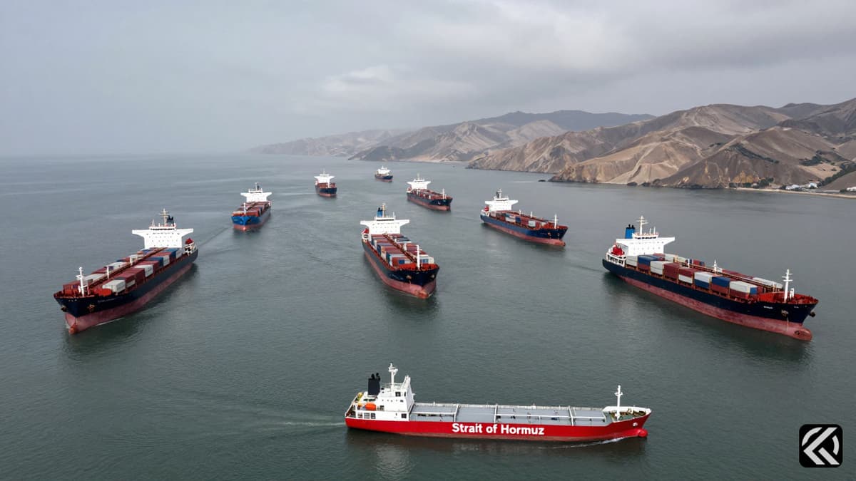 Clustered commercial ships in a maritime chokepoint symbolizing global shipping risks.