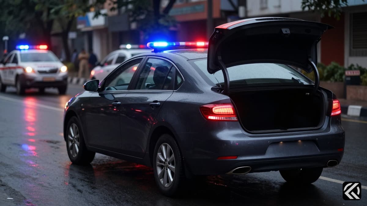 Dark sedan on wet road with blurred police lights in background