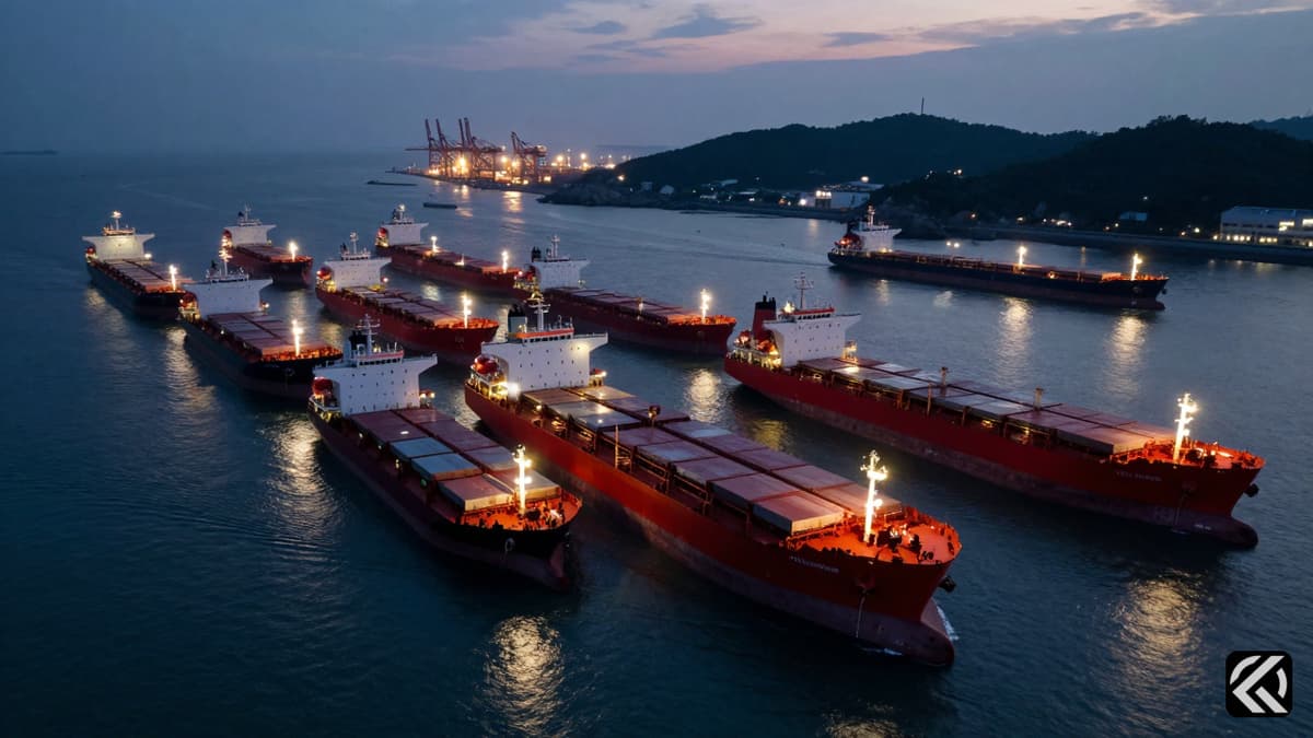 Aerial view of congested commercial ships stuck in a narrow waterway at dusk.