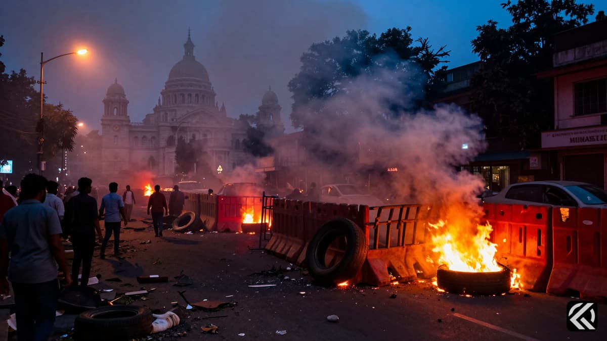 Smoke rising from debris on a street in Kolkata symbolizing post-election violence and civil unrest in India.