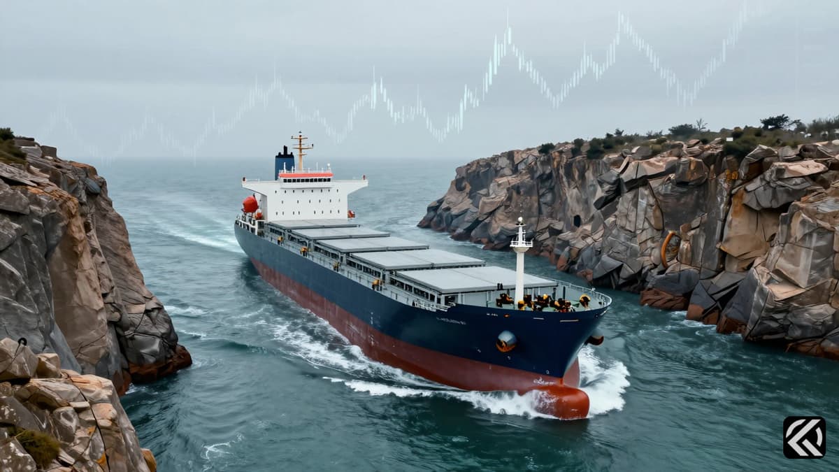 Cargo ship in narrow waters with financial charts in sky.