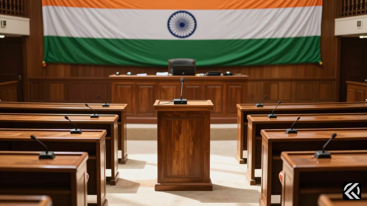 Empty legislative assembly hall with national flag in background symbolizing political transition