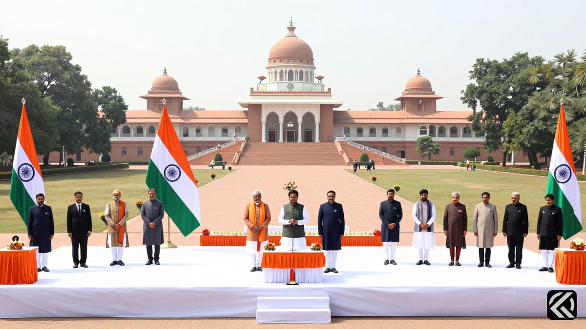 Dignitaries taking oath at Gandhi Maidan with Indian and Bihar flags visible in daylight.