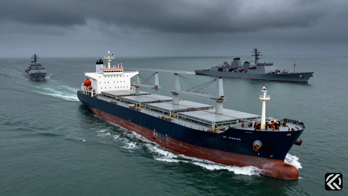 Military vessels monitor a commercial ship in tense waters