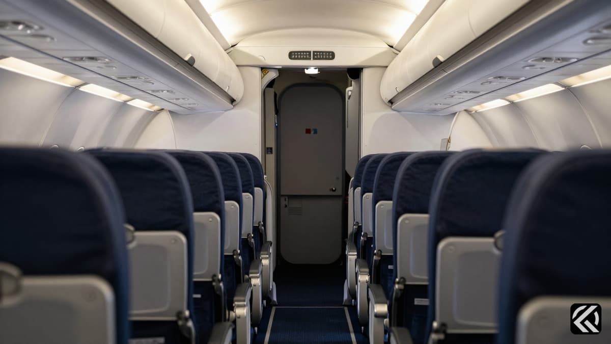 Empty airplane cabin aisle facing the front exit door, symbolizing travel disruption.