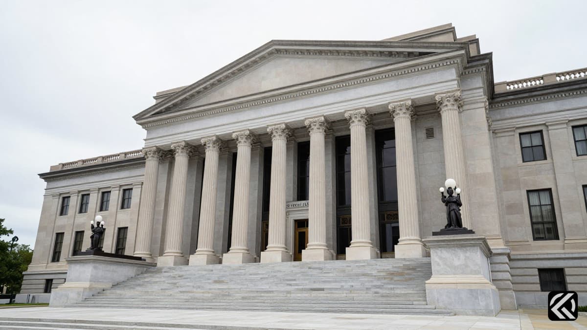 Exterior of the US Court of Appeals building with stone columns and cloudy sky.