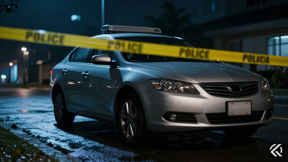 Silver car at night crime scene with police tape and blurred plate.