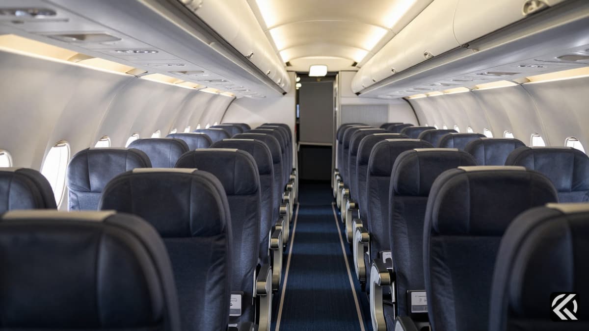 Empty airplane cabin aisle representing flight travel and political controversy